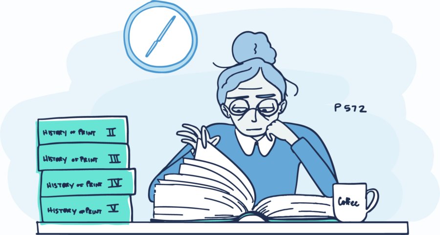 Middle-aged Heroine with cold cup of coffee... still scanning through the volumes of text...
