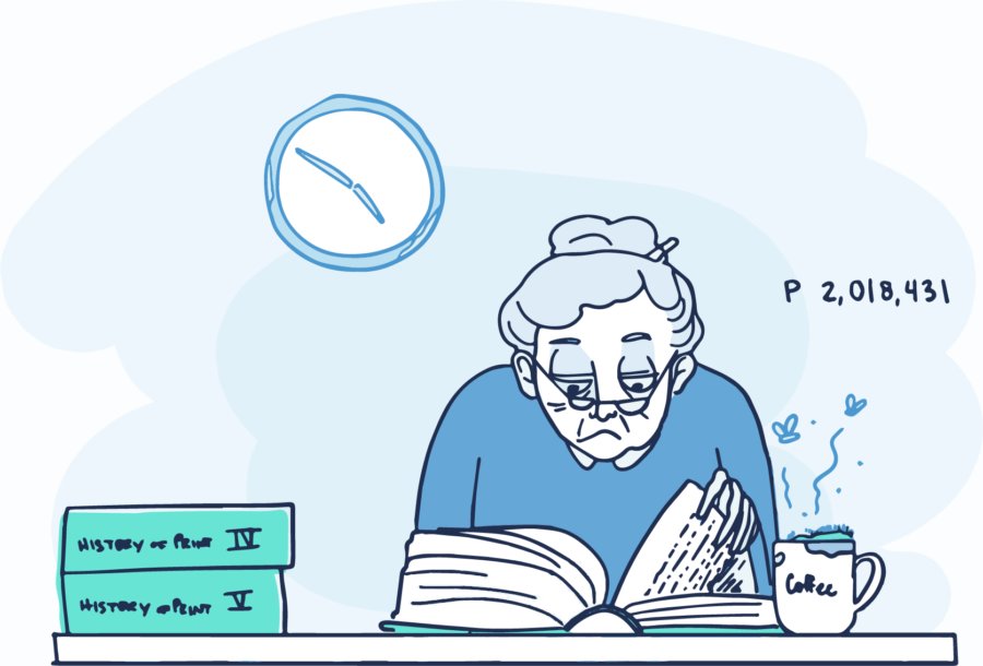 Old Penelope with moldy cup of coffee... still scanning through the text...