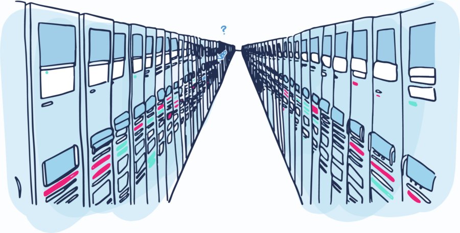 Rows of data center racks that extend to the horizon line