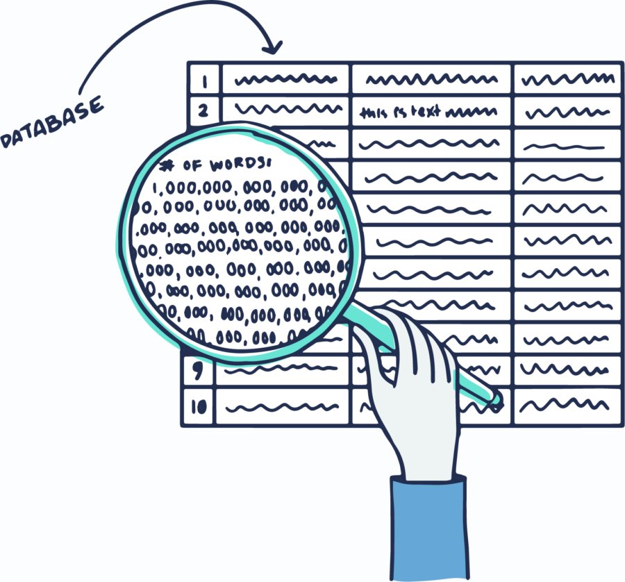 Magnifying glass over database showing rows and rows of zeros and ones