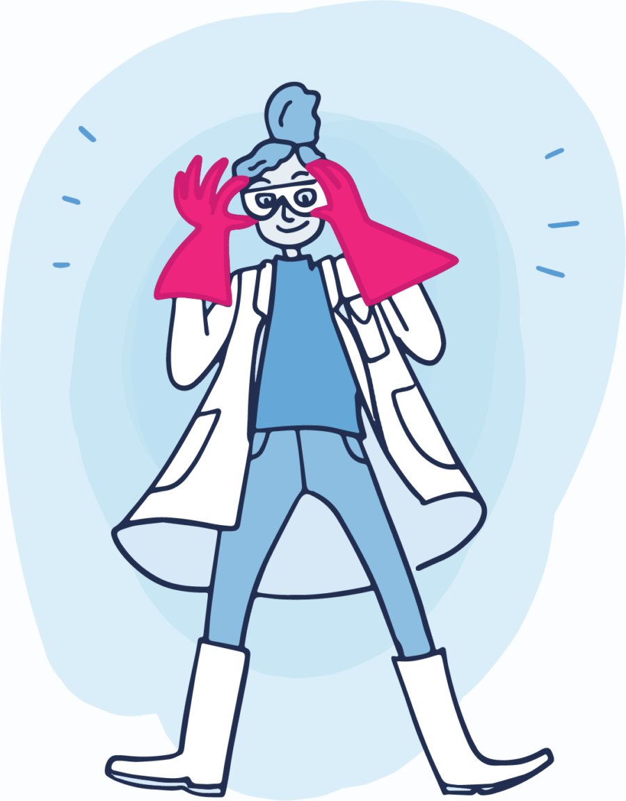 Penelope in lab coat and giant rubber gloves, ready to dive in and get her hands dirty!
